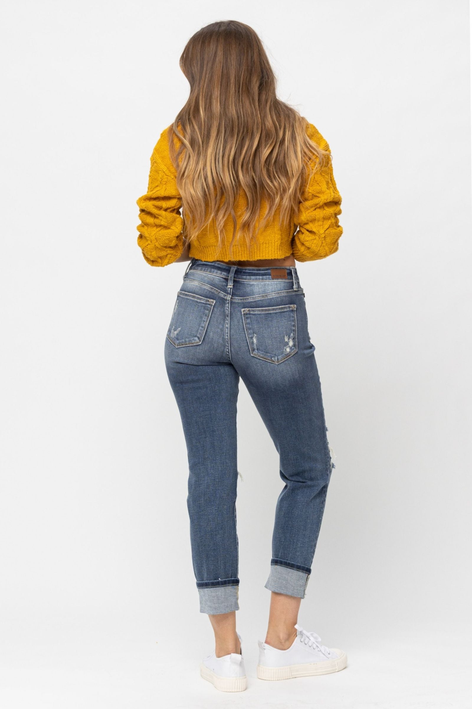 MID RISE CUFFED DESTROYED BOYFRIEND MEDIUM WASH JUDY BLUE DENIM