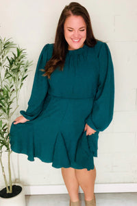 HUNTER GREEN MOCK RUFFLE NECK WOVEN DRESS