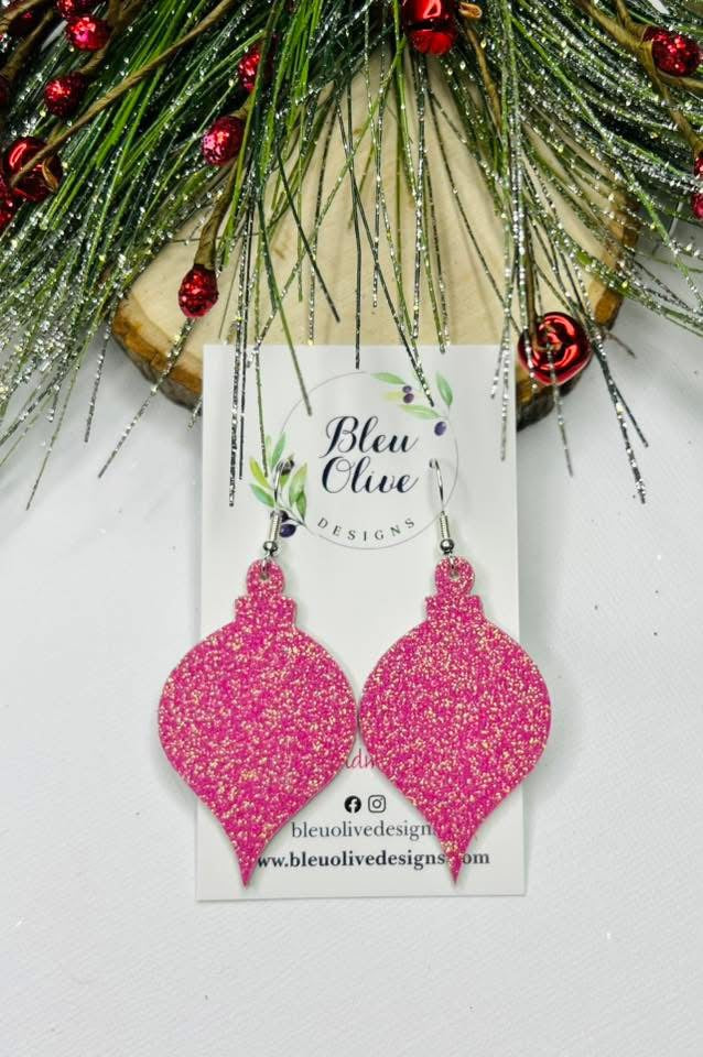 ORNATE LONG CHRISTMAS ORNAMENT SHAPE LEATHER HANDMADE EARRINGS BY B.O.D