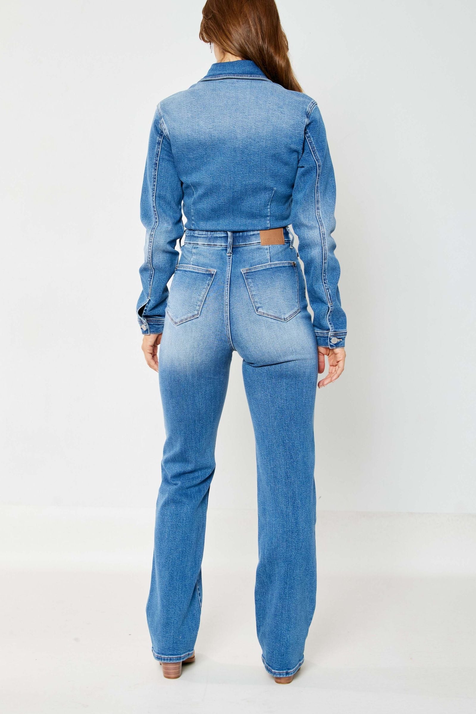 Judy Blue Medium Wash High Waist Denim Long Sleeve Jumpsuit Slim Straight