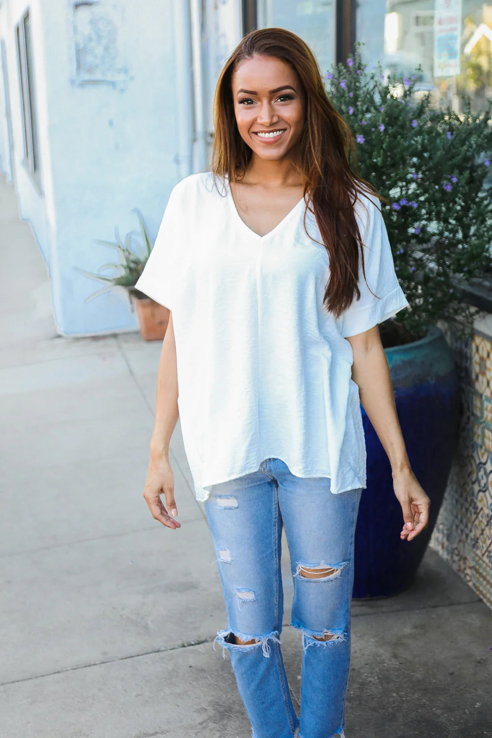 IVORY CRINKLED WOVEN CUFFED SLEEVE TOP