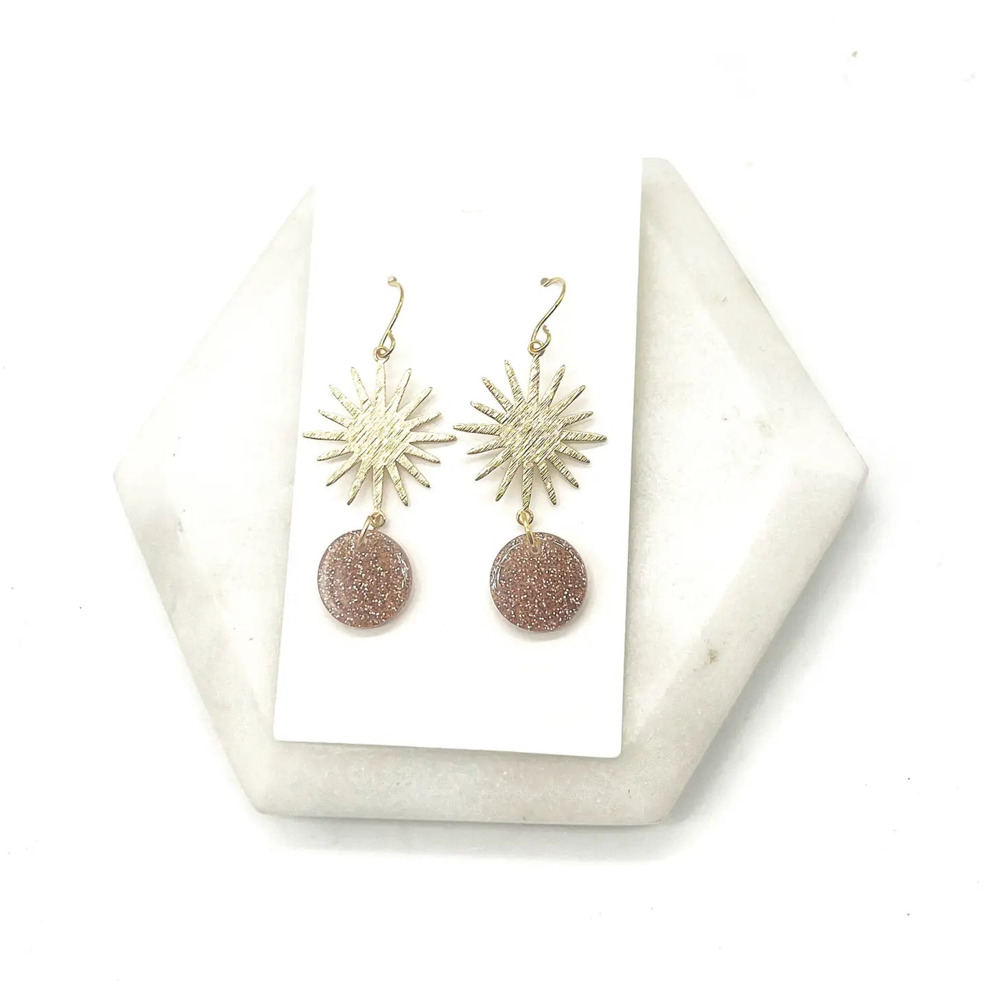 CINNAMON GLITTER GOLD SUNBURST METAL ACRYLIC HANDMADE BBB EARRINGS