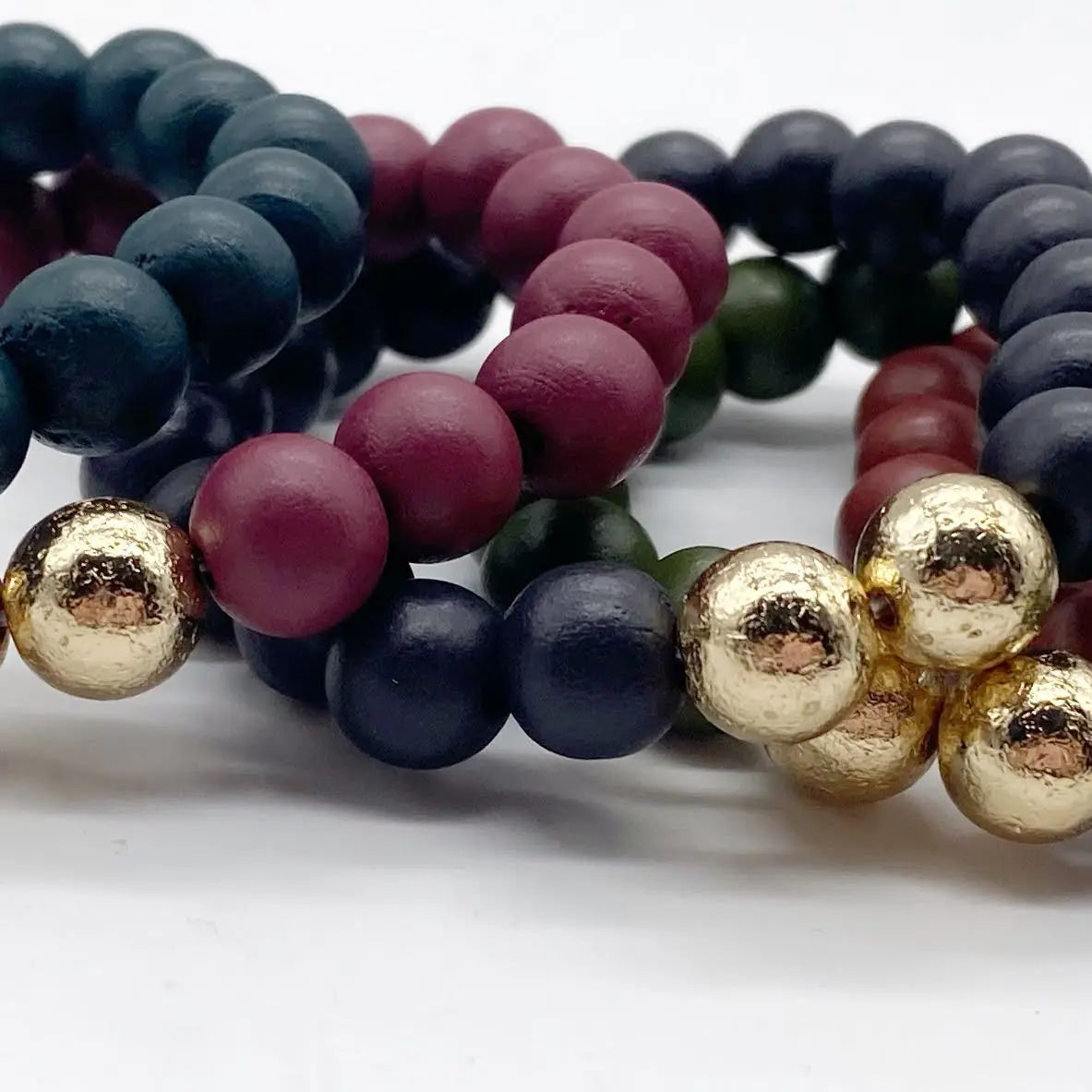 FALL WOOD BEADED STRETCH BRACELET SET OF 5 HANDMADE BY BBB