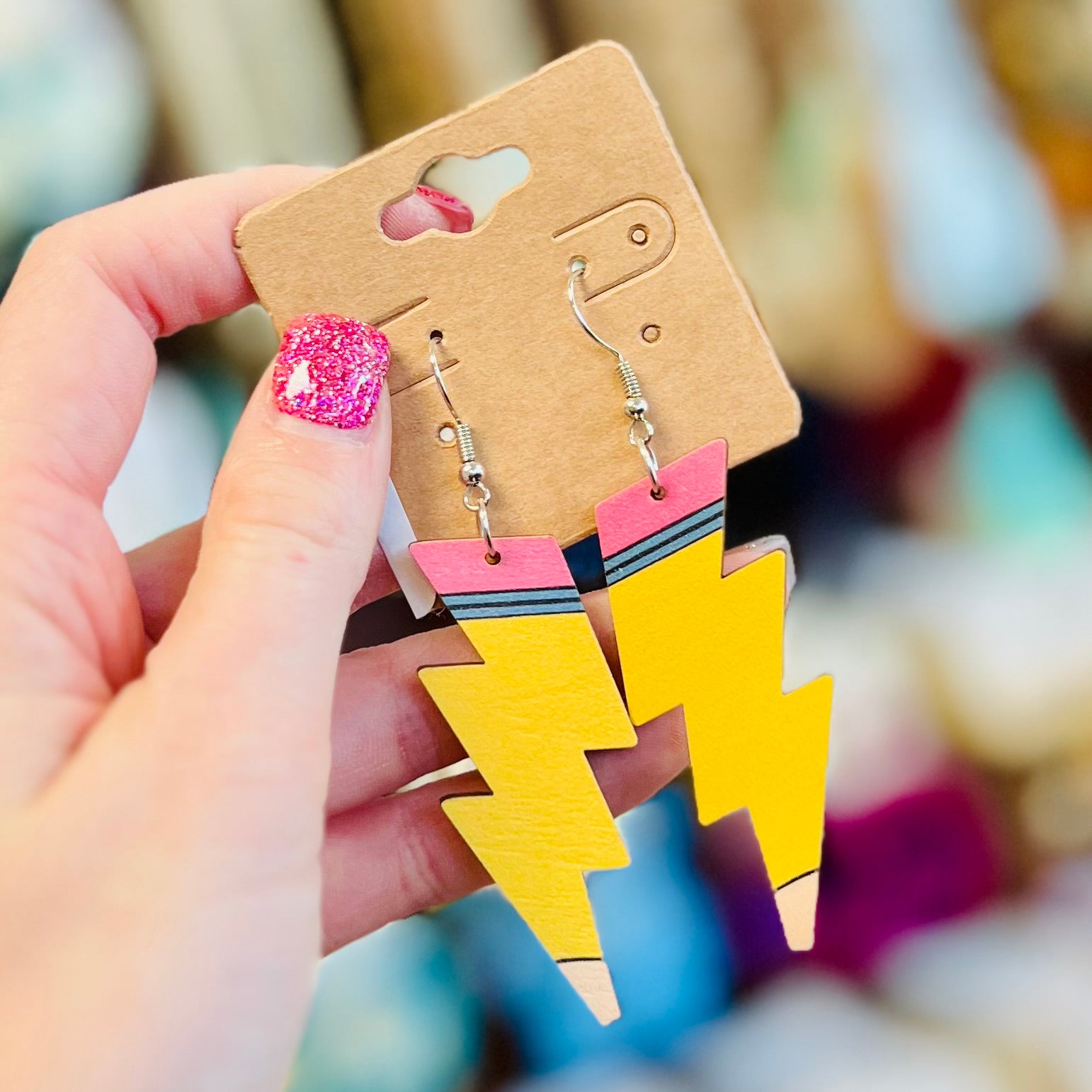 Pencil Lightening Bolt Wooden Earrings