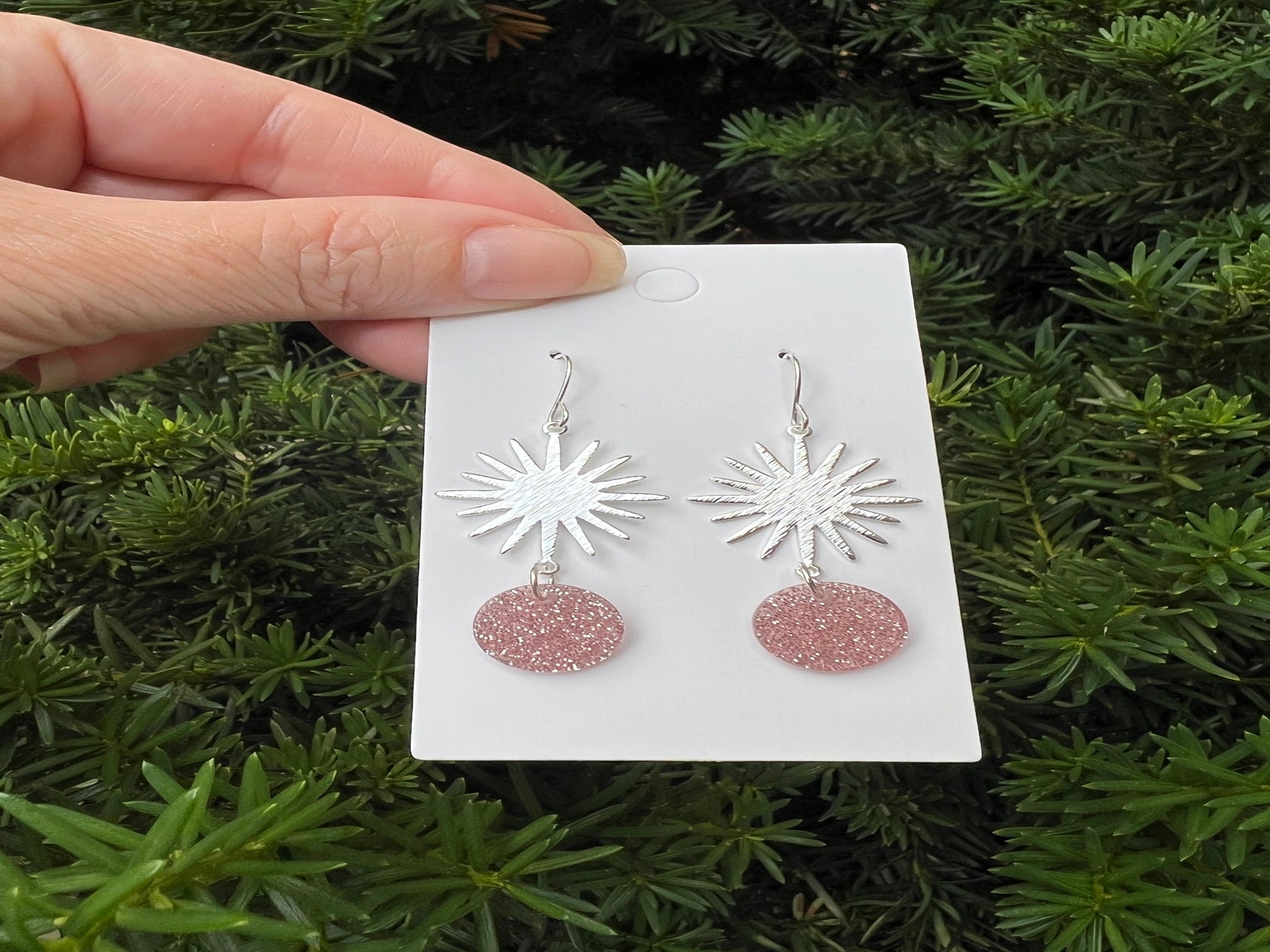 PINK GLITTER SILVER SUNBURST METAL ACRYLIC STATEMENT HANDMADE BBB EARRINGS