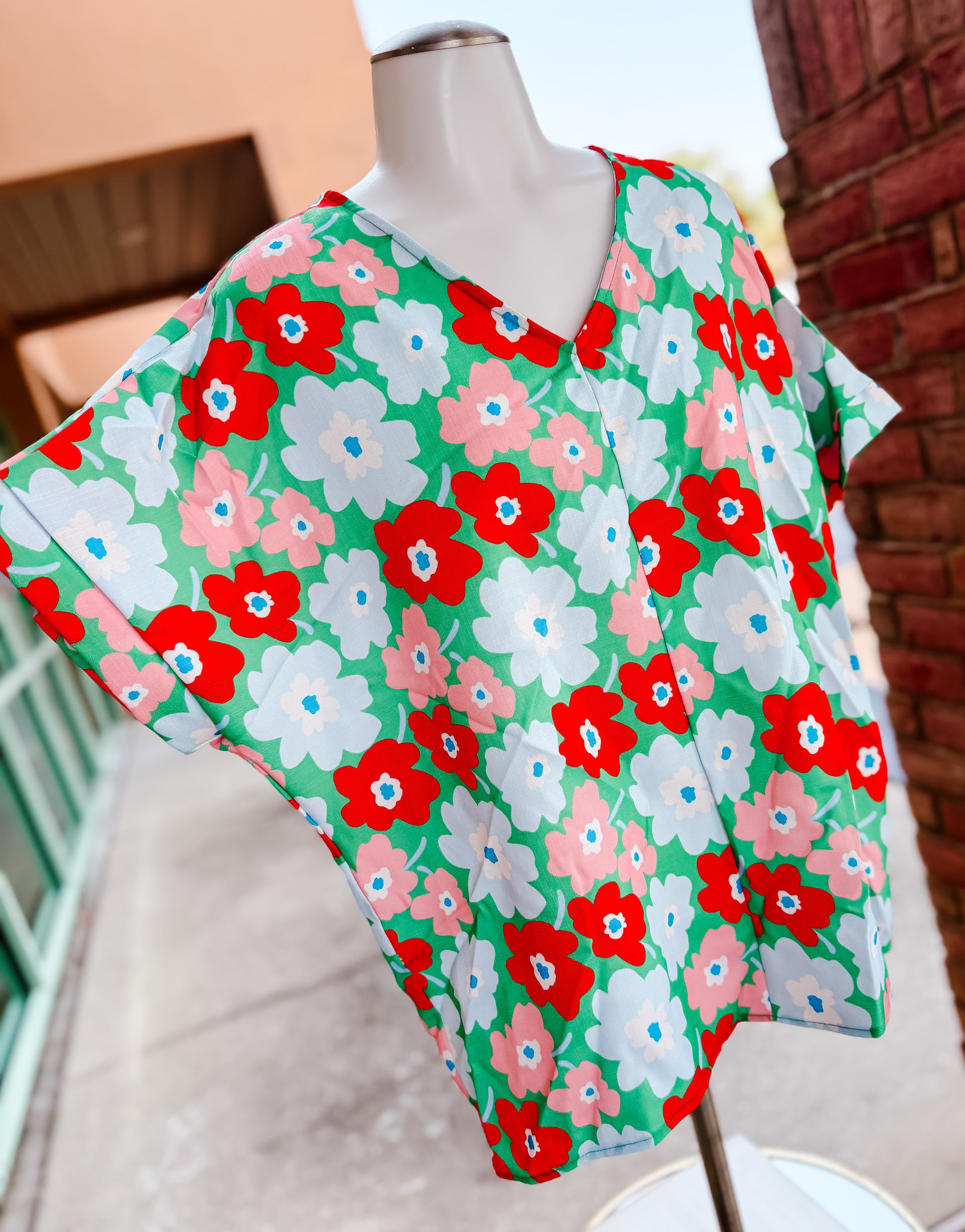 Green Orange Floral Vneck Drop Shoulder Top- SALE