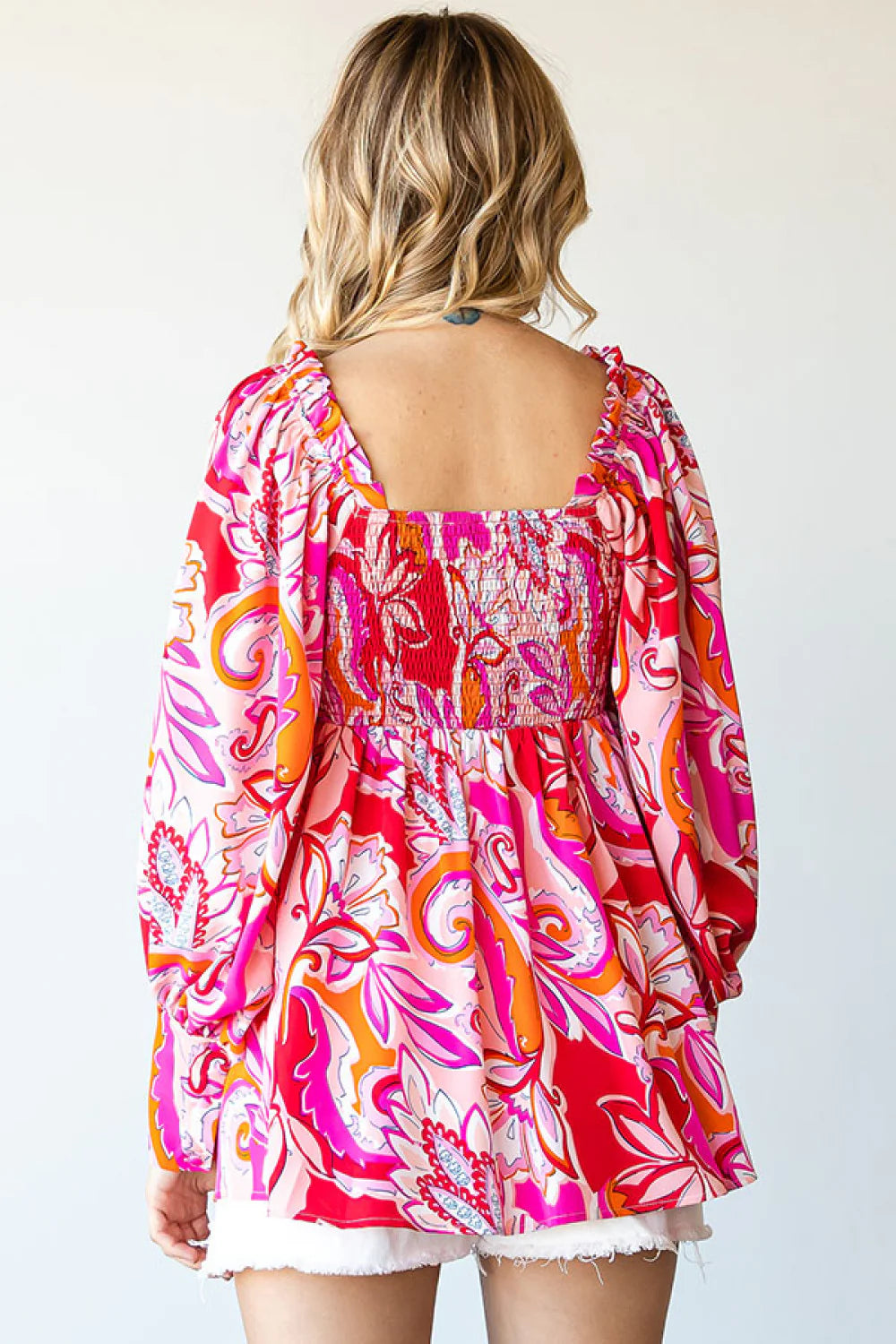 GROOVY RETRO PINK RED ORANGE FUCHSIA DESIGN BABYDOLL WOVEN TOP- SALE