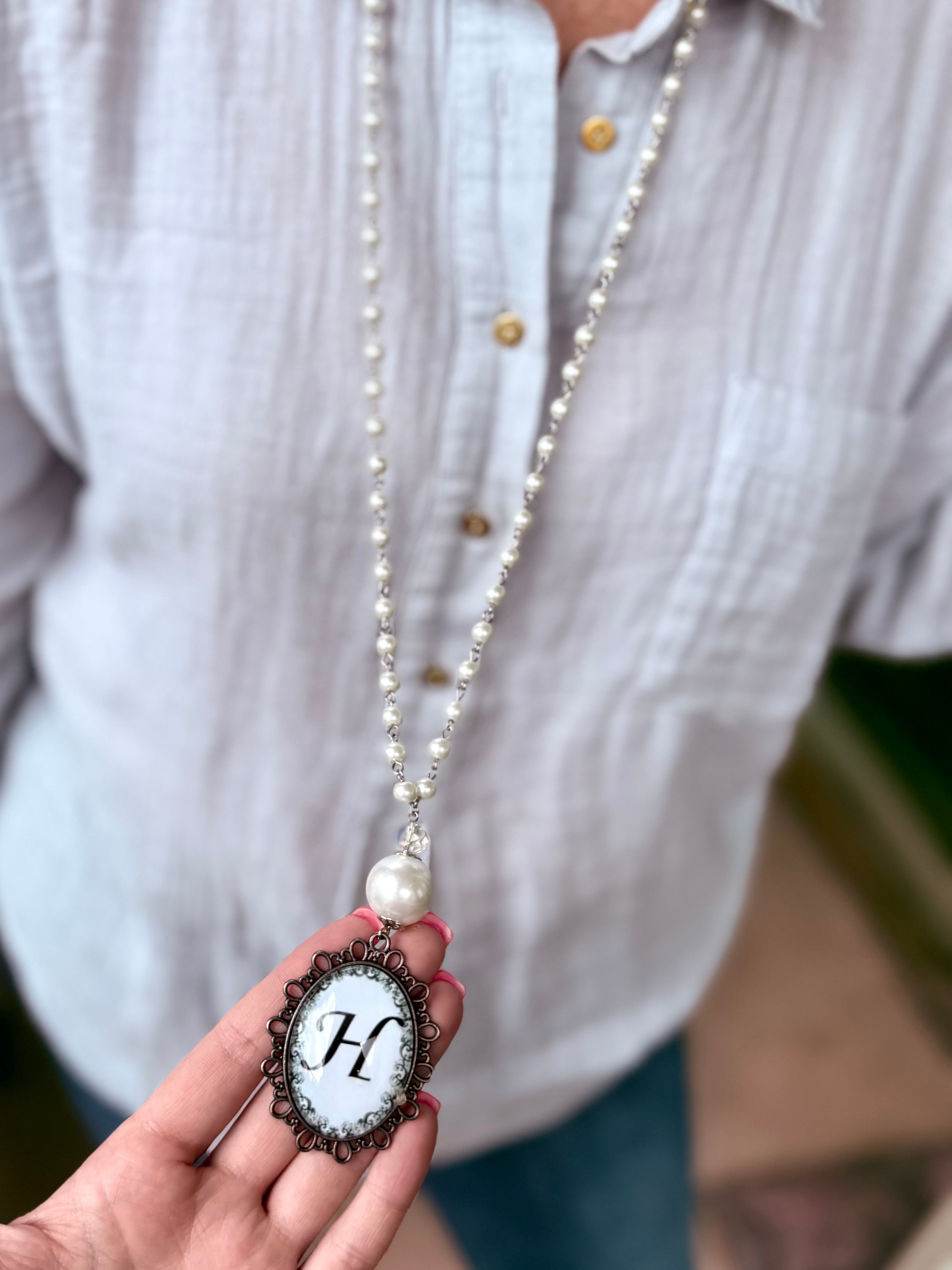 Silver Pearl Initial Necklace- E, H & T LEFT- SALE