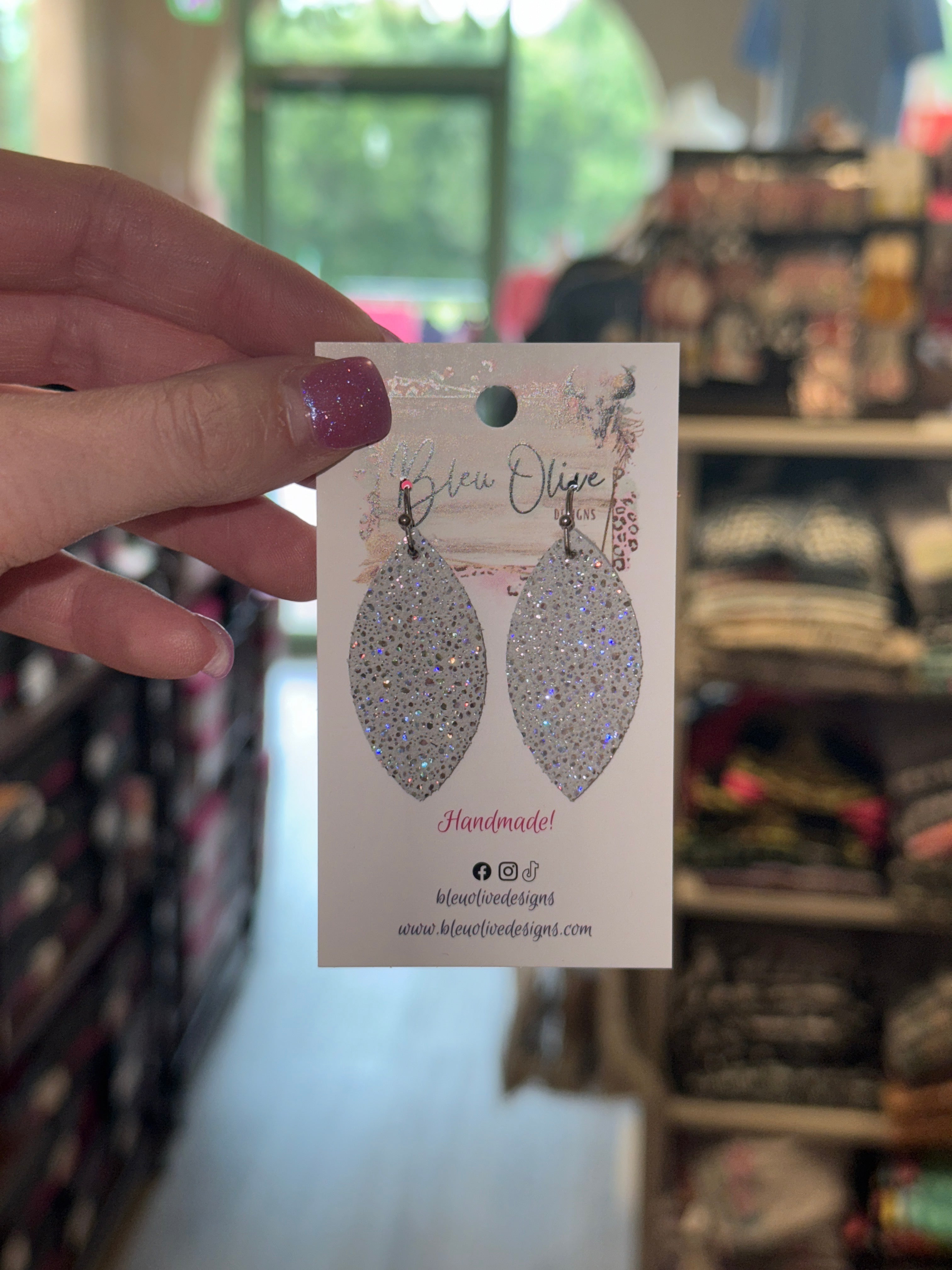 SILVER GLITTER IRIDESCENT LEATHER DIAMOND SHAPE HANDMADE EARRINGS BY B.O.D