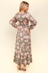 GREY PINK SWEETHEART NECKLINE FLORAL PRINT LONGSLEEVE RUFFLE MAXI DRESS