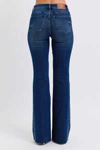 DARKWASH MID RISE RHINESTONE SIDE PANEL DETAIL FLARE JUDY BLUE DENIM-PLUS