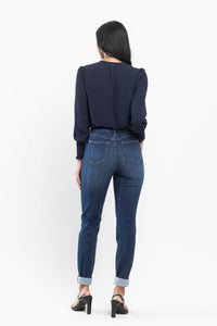 Darkwash High Waist Judy Blue Double Cuff Slim Fit Pull On Denim- SIZE 1 left.