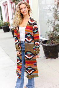 OLIVE RUST AZTEC WESTERN VIBES DUSTER CARDIGAN-PLUS