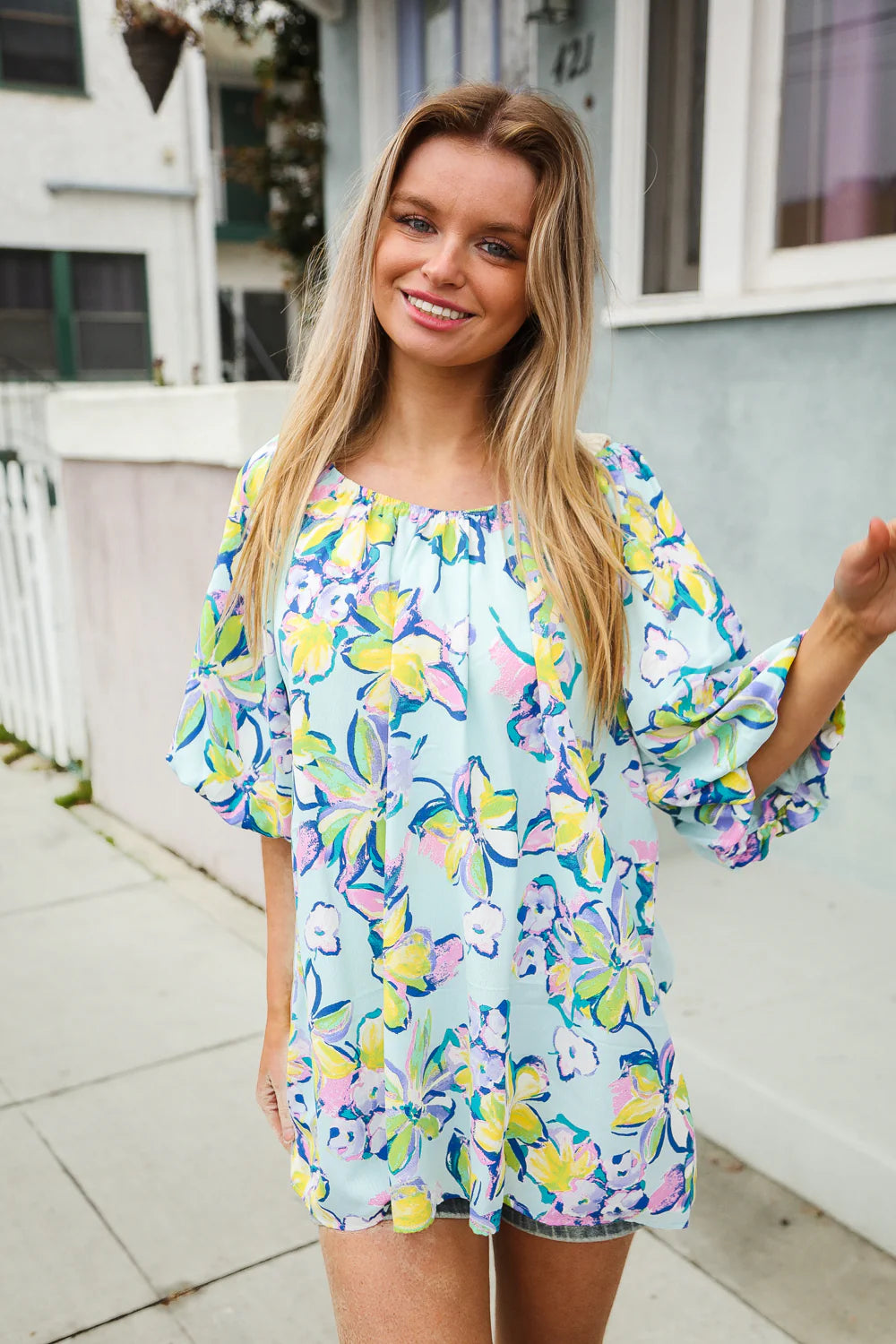 AQUA YELLOW GREEN BLUE FLORAL BUBBLE SLEEVE TOP