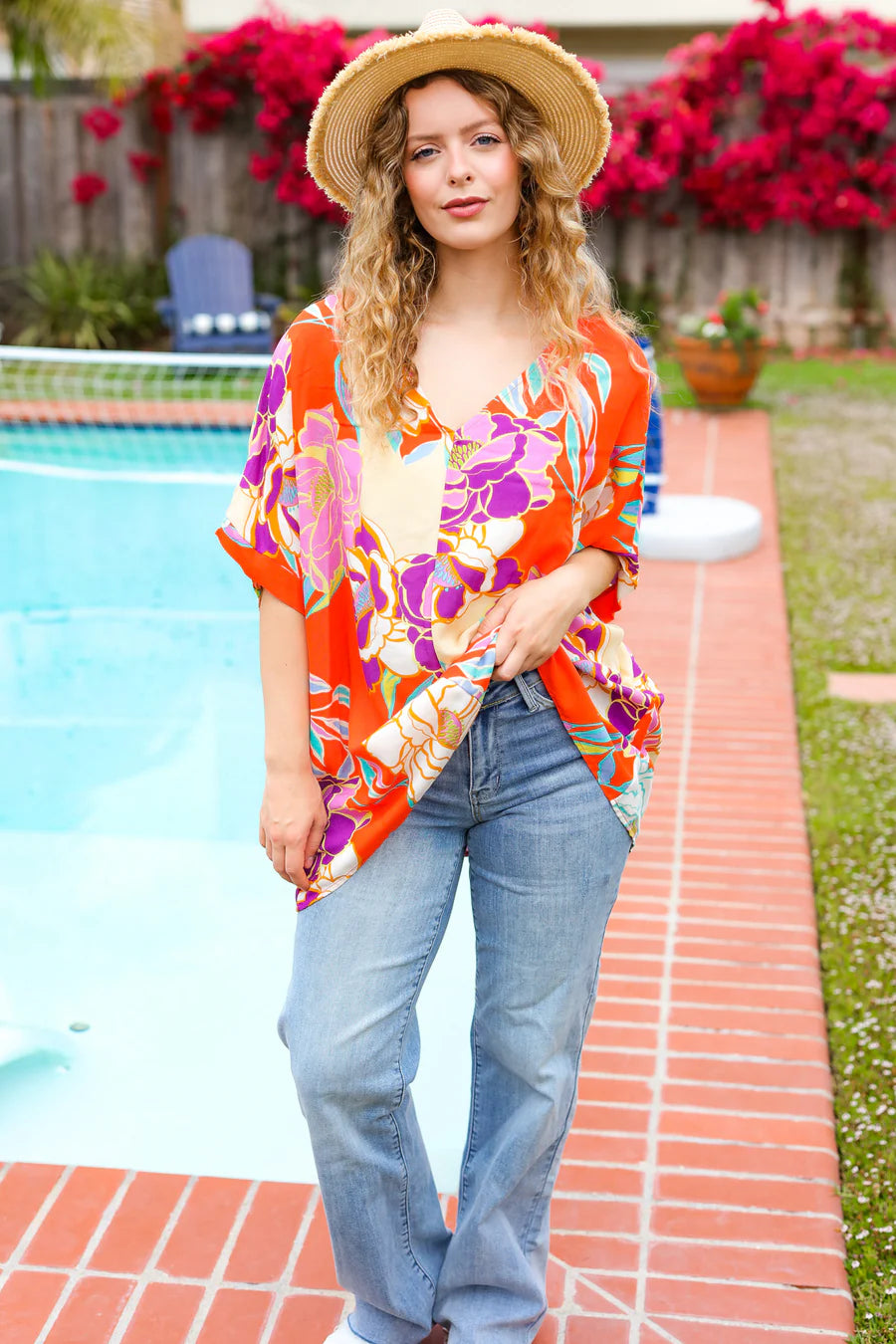 CORAL MULTI FLORAL TOP -PLUS