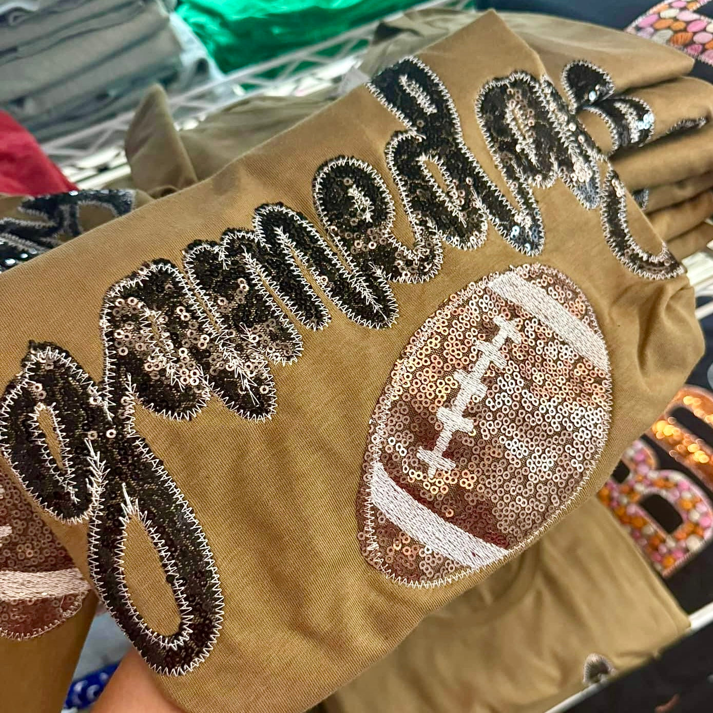 BROWN TAN GAMEDAY SEQUINS FOOTBALL HANDMADE APPLIQUED SHORT SLEEVE TEE