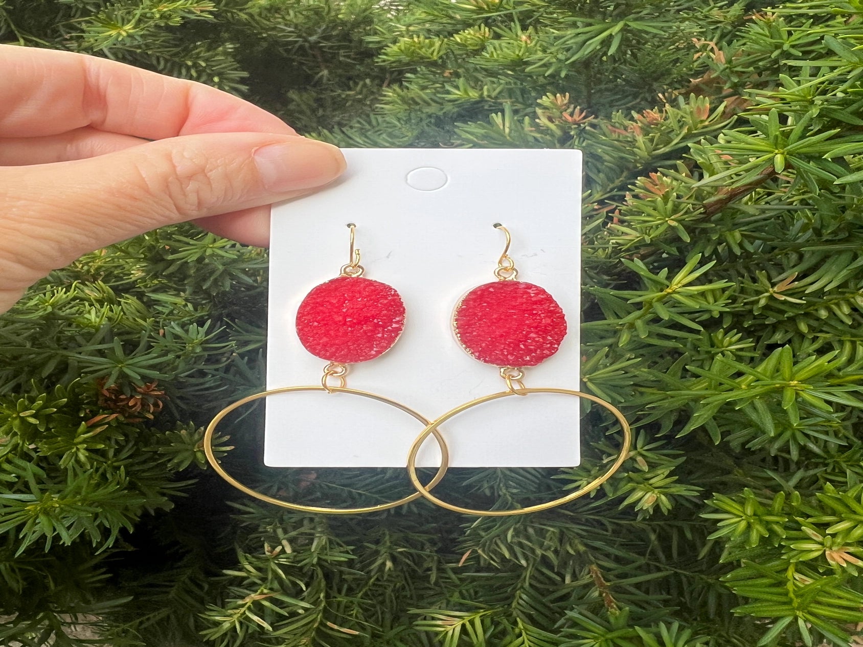 RED DRUZY GOLD CIRCLE HOOP STATEMENT DANGLY HANDMADE BBB EARRINGS