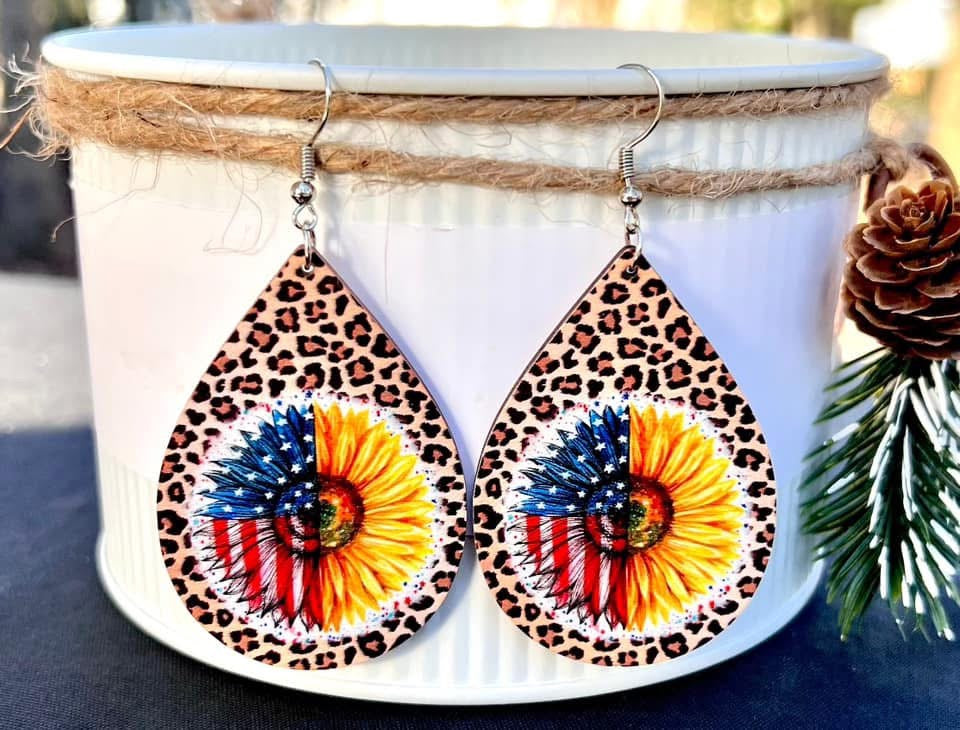 USA SUNFLOWER 4TH OF JULY LEOPARD TEARDROP EARRINGS- SALE- 1 LEFT