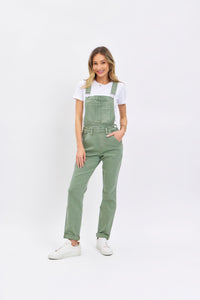 JUDY BLUE SAGE HIGH WAIST GARMENT DYED OVERALLS BOYFRIEND FIT DENIM