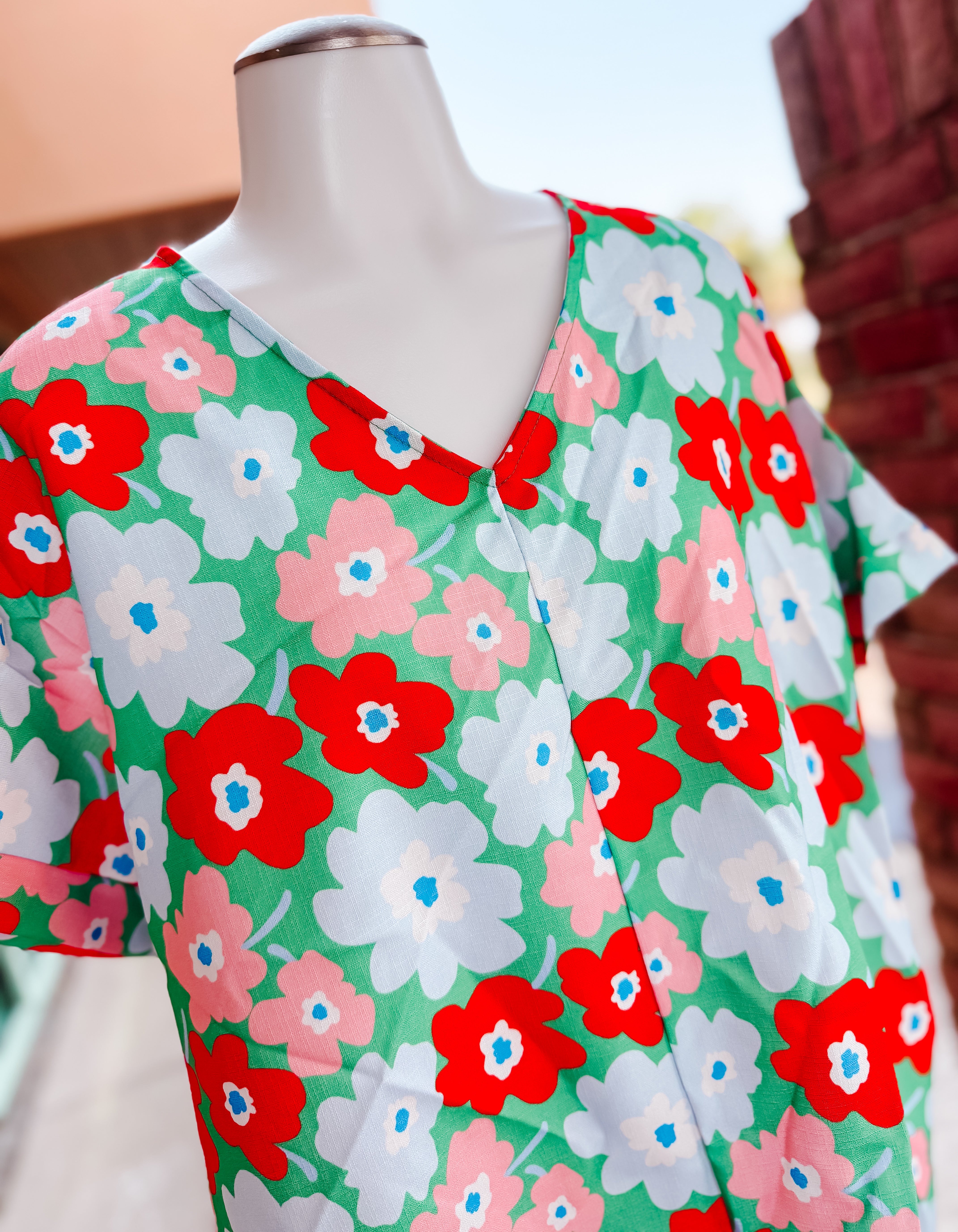 Green Orange Floral Vneck Drop Shoulder Top- SALE