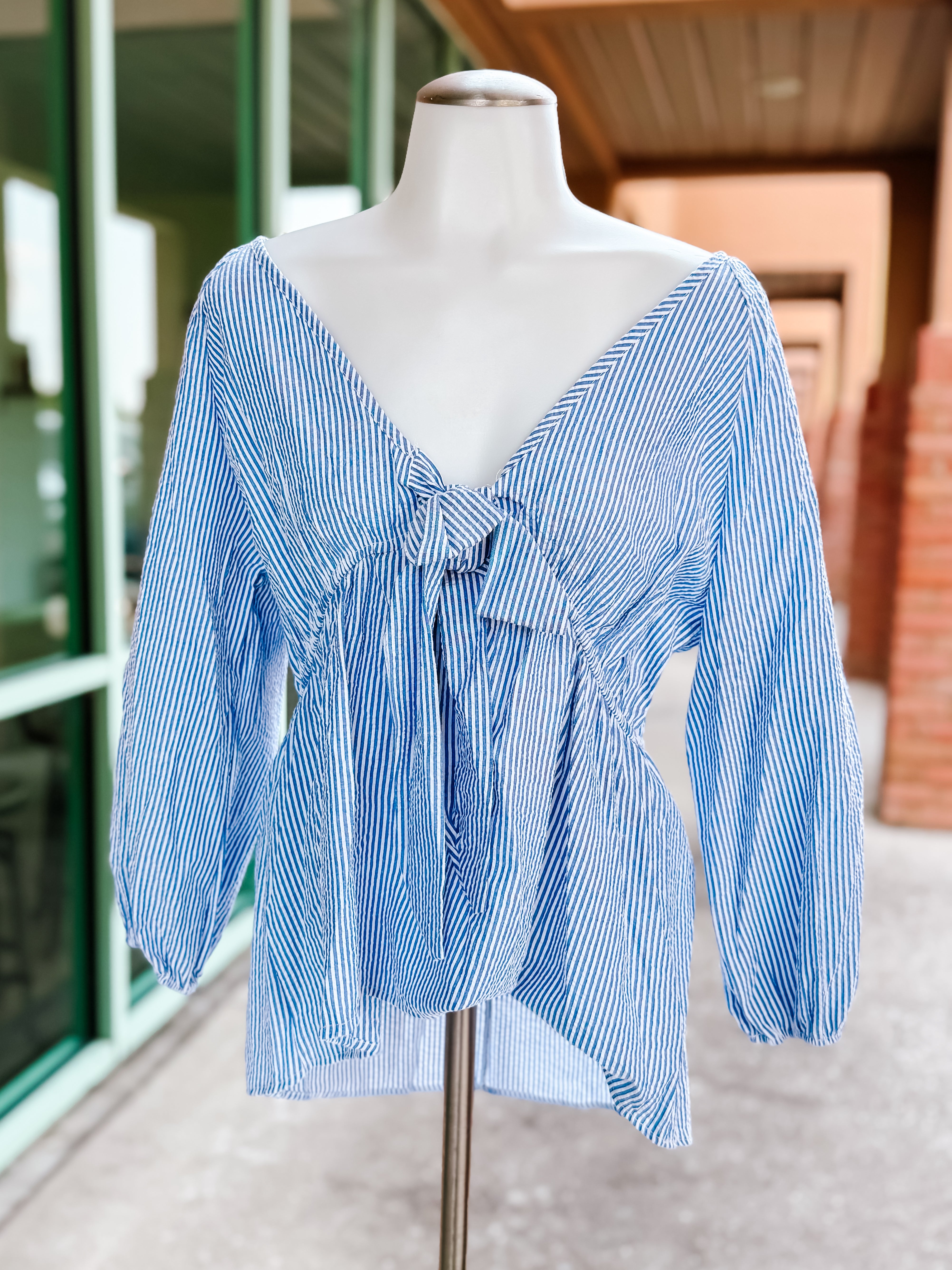 Seersucker Blue Striped Knotted Top- PLUS- SALE