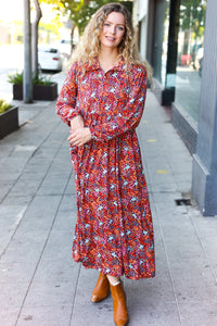 FLORAL COLLARED BABYDOLL SIDE POCKET RUST MULTI MAXI DRESS-PLUS