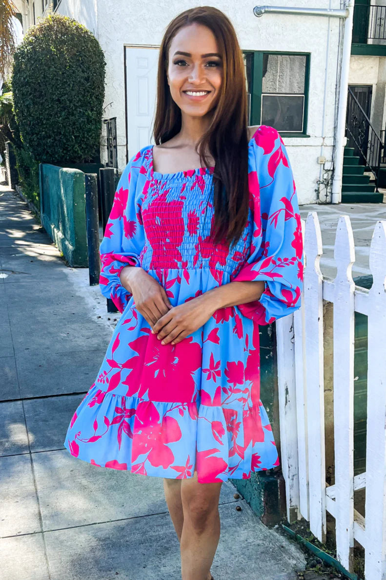 PERIWINKLE BLUE & HOT PINK FLORAL SMOCKED FIT & FLARE DRESS