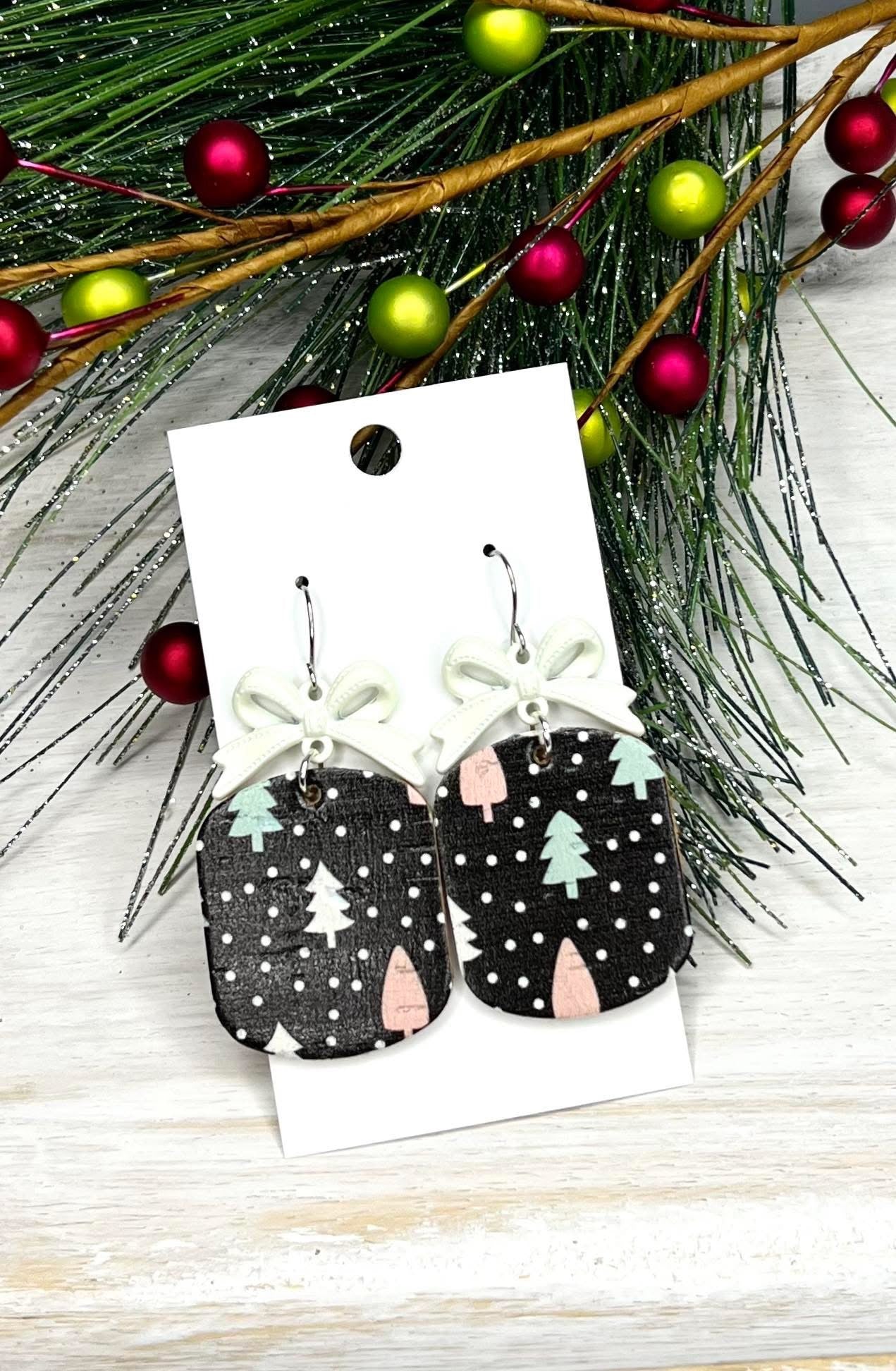 SNOWY FOREST PINK TREES IVORY BOWS HANDMADE EARRINGS BY B.O.D