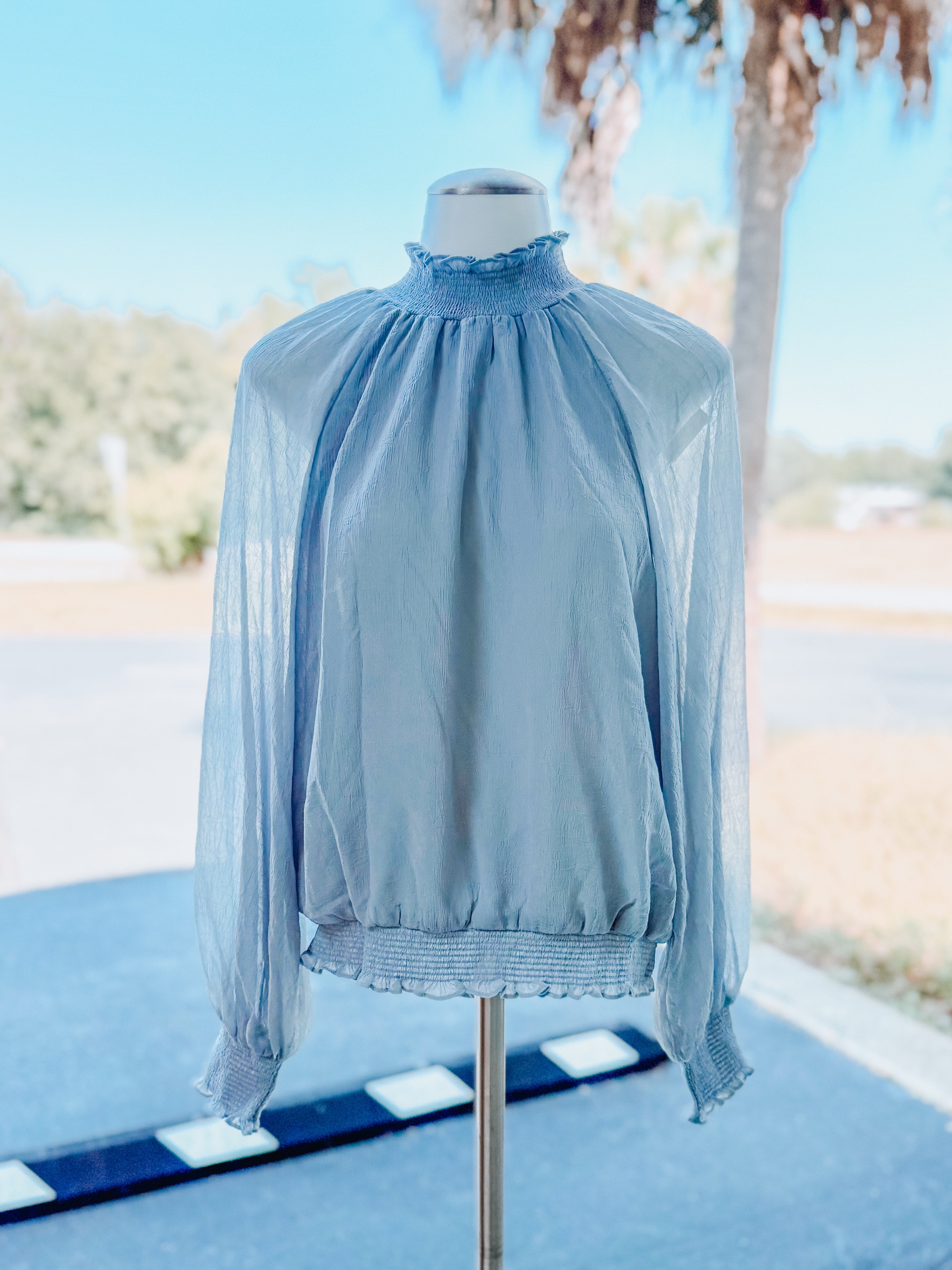Blue Chiffon Ruched Neck Top- SALE
