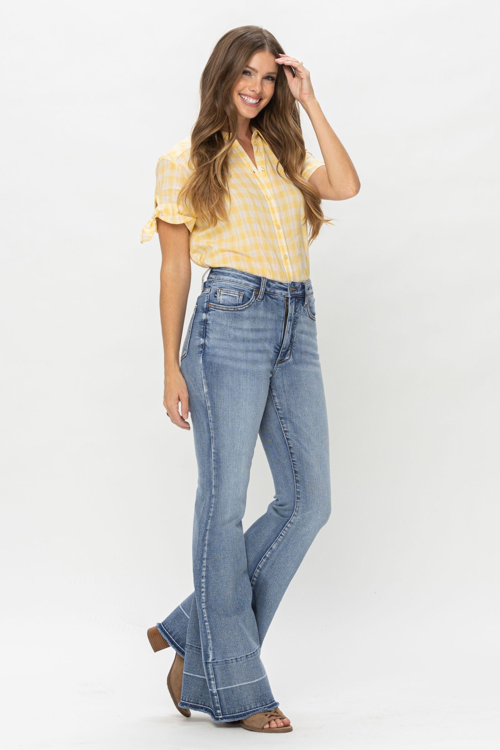 MEDIUM WASH HIGH WAIST TUMMY CONTROL WITH RELEASE HEM FLARE JUDY BLUE DENIM-PLUS