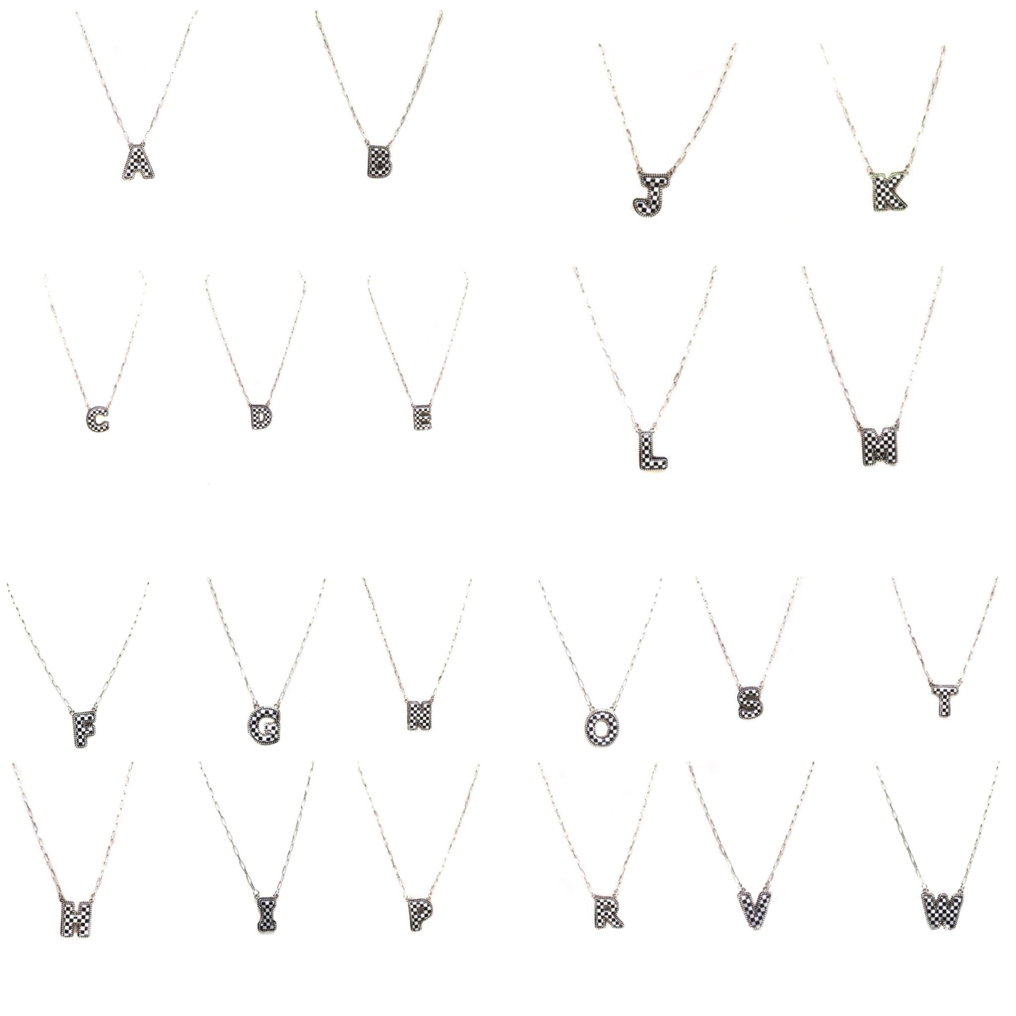 CHECKERED BUBBLE INITIAL BLACK & WHITE ON SILVER CHAIN WITH 18" + 3" EXTENDER NECKLACE