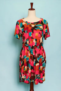 FUCHSIA TEAL BROWN ORANGE FLORAL POCKETED BABYDOLL DRESS