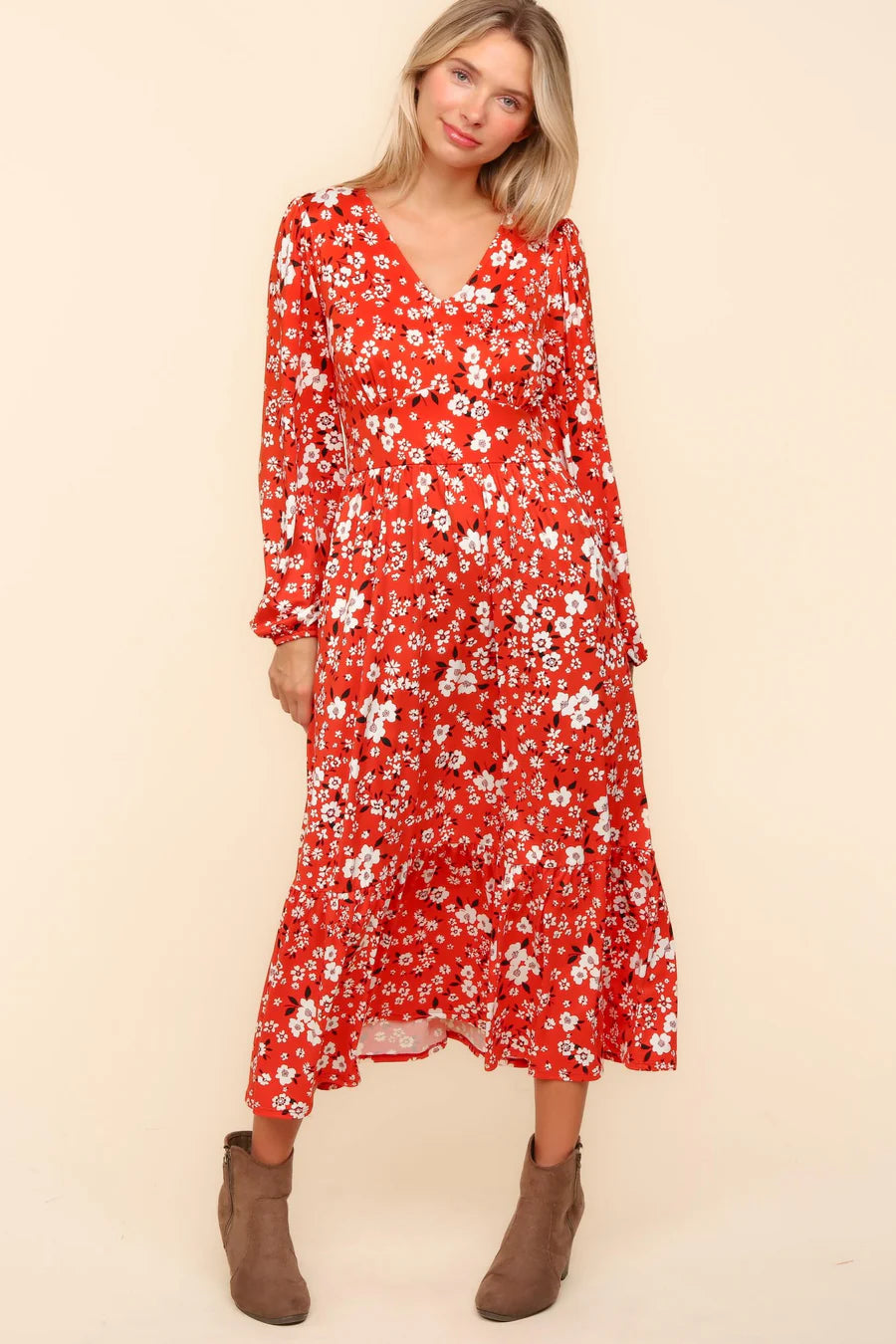 RUST VERMILION MIDI LENGTH FLORAL PRINT POCKETED MAXI DRESS-PLUS