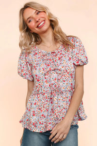 LAVENDER MULTI FLORAL FRONT RIBBONS BOW TIE BABYDOLL KNIT TOP-PLUS
