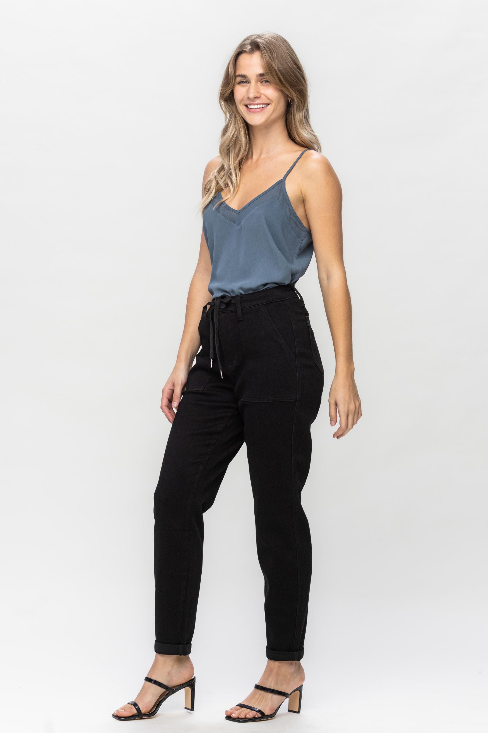 BLACK HIGH WAIST JET BLACK DOUBLE ROLL CUFF JOGGERS JUDY BLUE DENIM