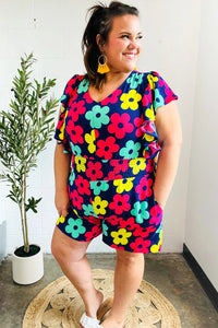 NAVY PINK MAGENTA YELLOW WHITE FEELING BOLD FLORAL SMOCKED WAIST FLUTTER ROMPER-PLUS