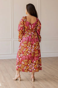 WINE GRADEN ROMANCE SATIN PRINTED MAXI DRESS