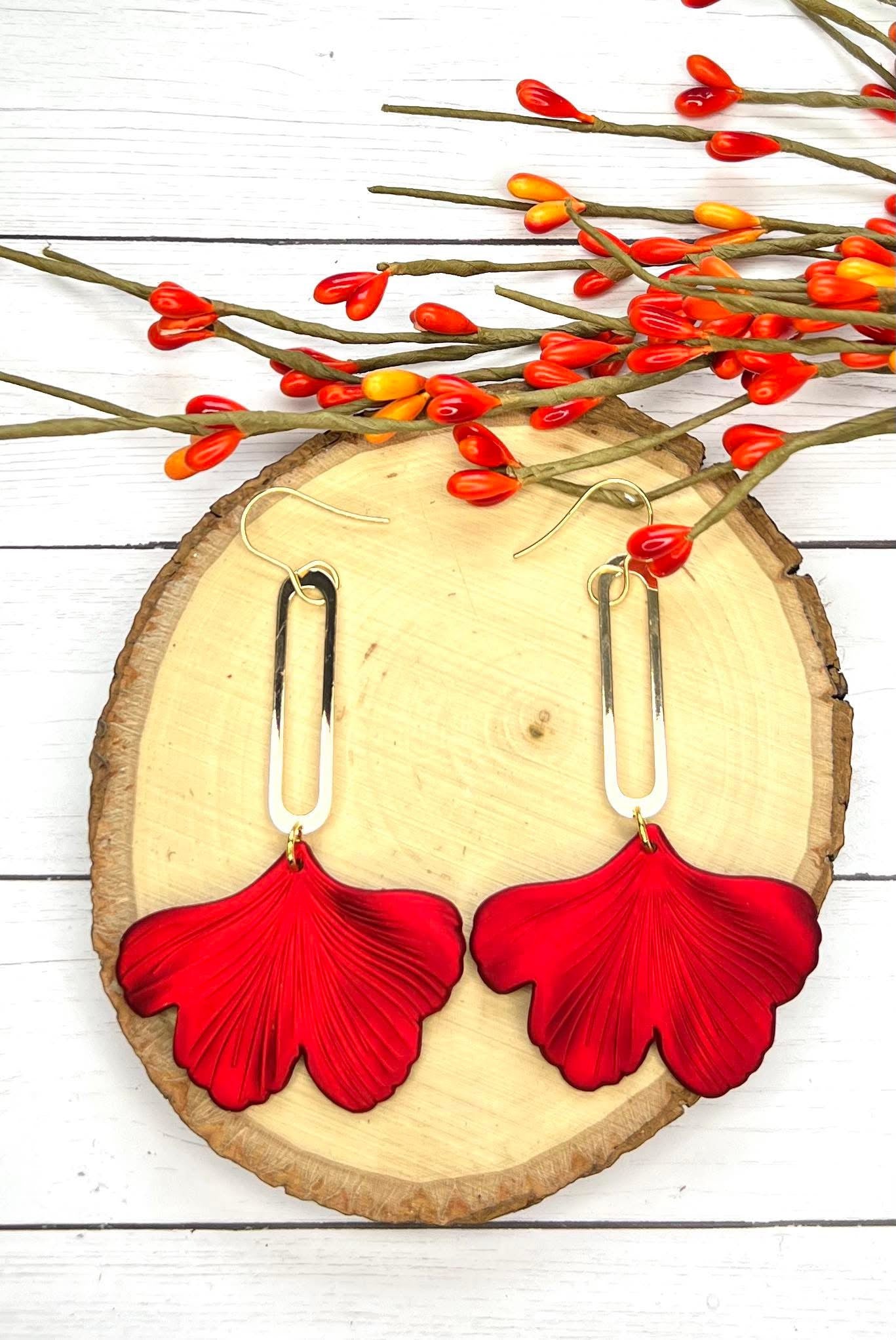 GINKGO LEAVES WITH GOLD ELONGATED OVAL HARDWARE HANDMADE EARRINGS BY B.O.D