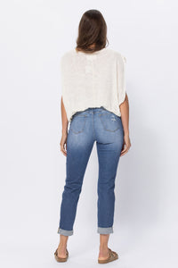 LIGHT WASH HIGH WAIST CUFFED BOYFRIED WITH DESTROY JUDY BLUE DENIM-PLUS