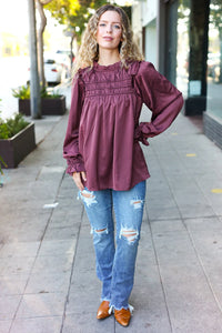 WINE MARSALA BE YOUR BEST SATIN SHIRRED YOKE FRILLY MOCK NECK BLOUSE