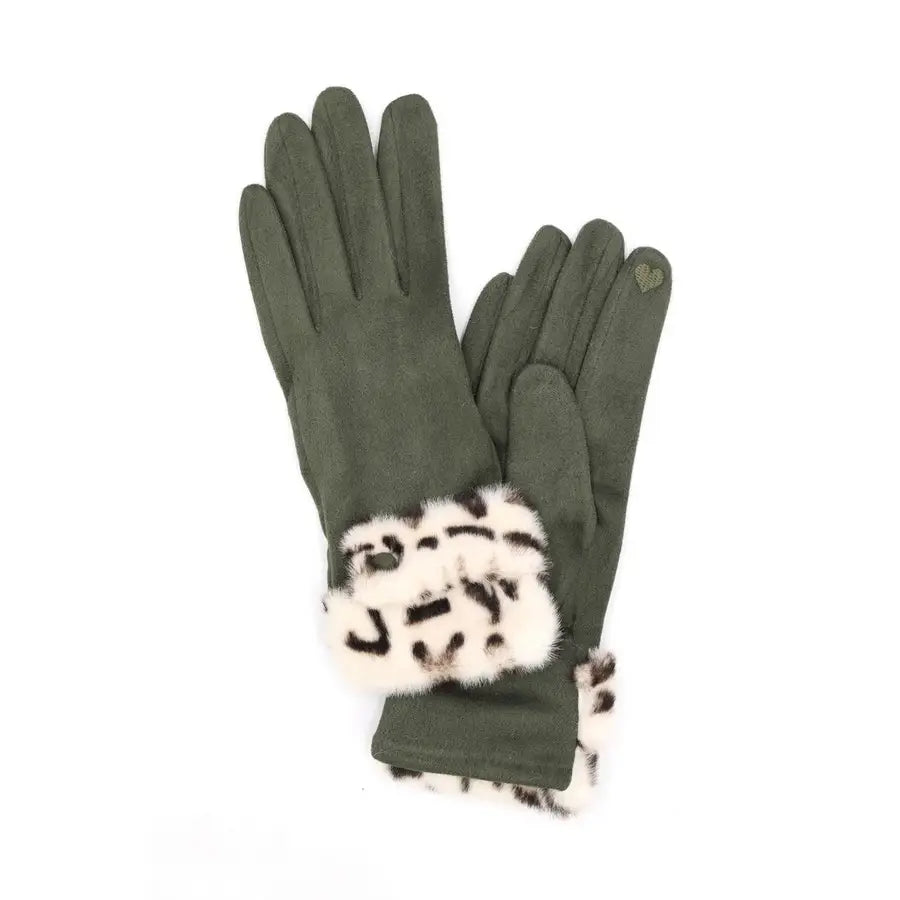 LEOPARD FUR TRIM SUEDE SMART PHONE - TOUCH SCREEN WARM & SOFT GLOVES