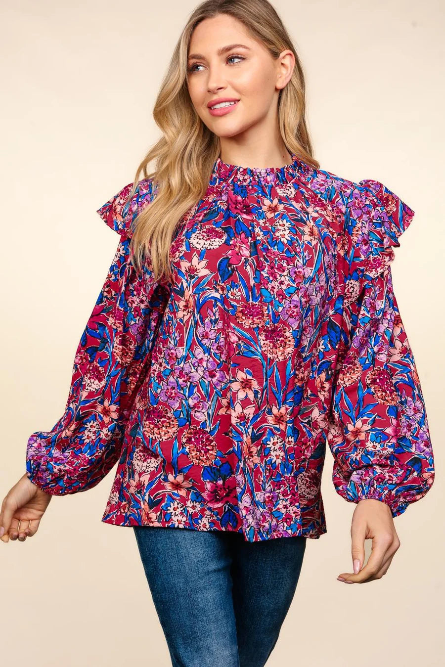 BERRY TEAL MULTI WATERCOLOR FLORAL MOCK NECK FRILLY WOVEN TOP