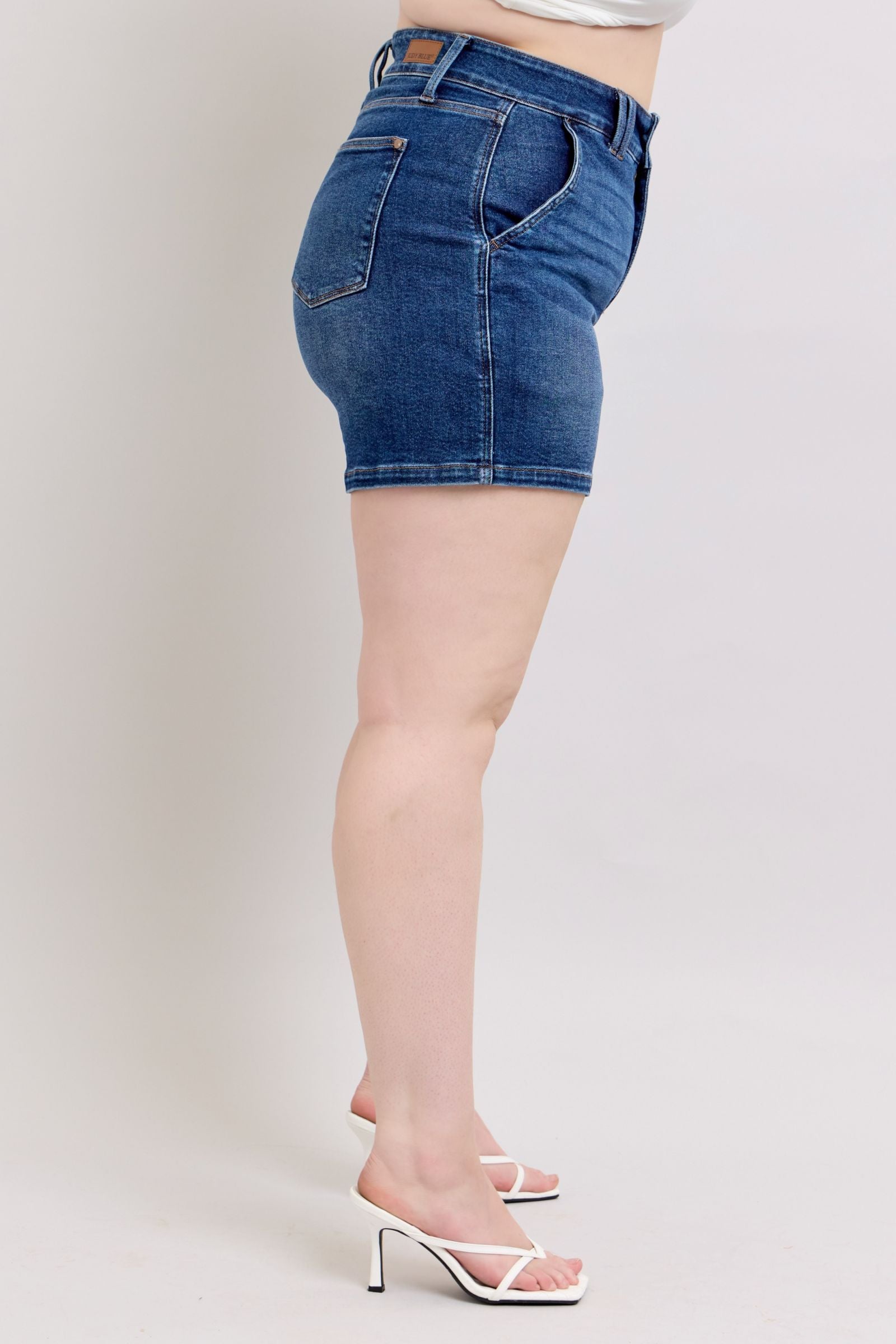 DARKWASH HIGH WAIST DOUBLE BUTTON WAISTBAND SHORTS JUDY BLUE DENIM-PLUS