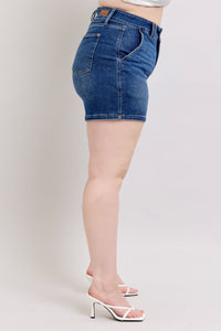 DARKWASH HIGH WAIST DOUBLE BUTTON WAISTBAND SHORTS JUDY BLUE DENIM-PLUS