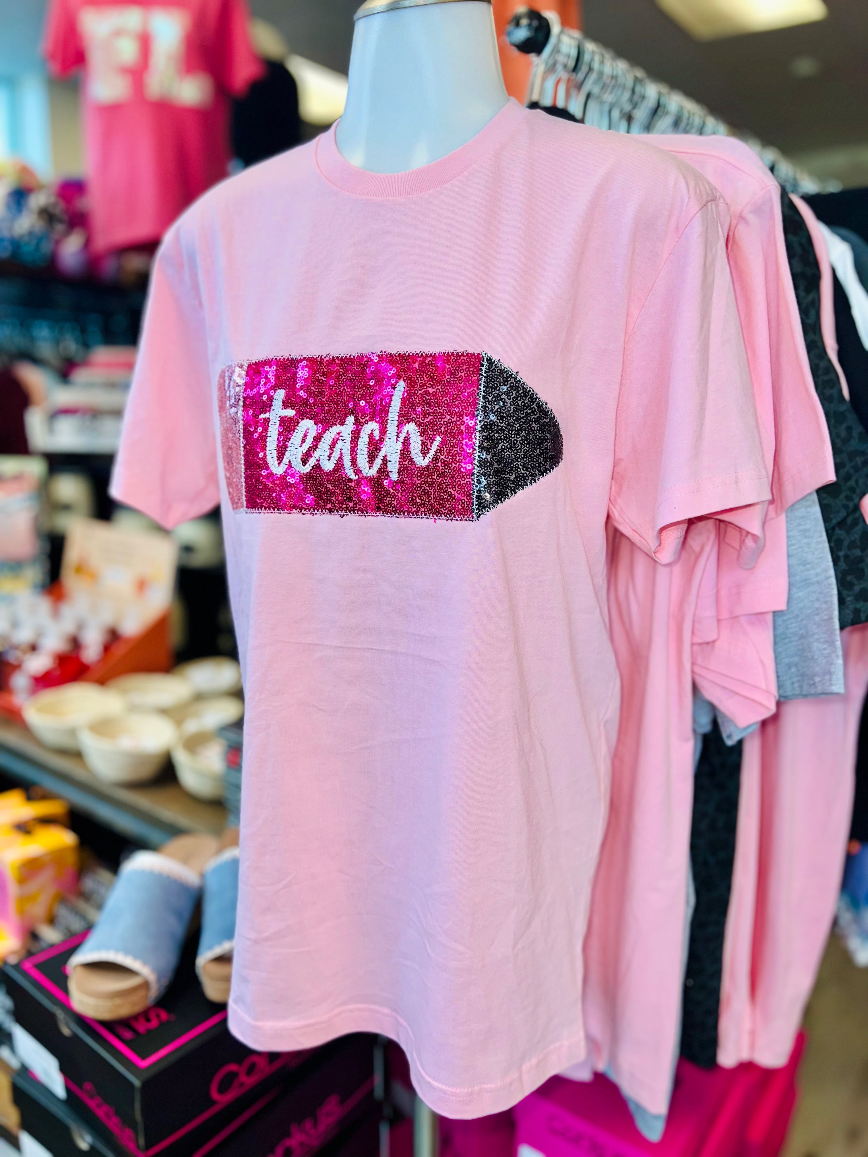 TEACH PENCIL SEQUINS LIGHT PINK & FUCHSIA APPLIQUE HANDMADE TEE