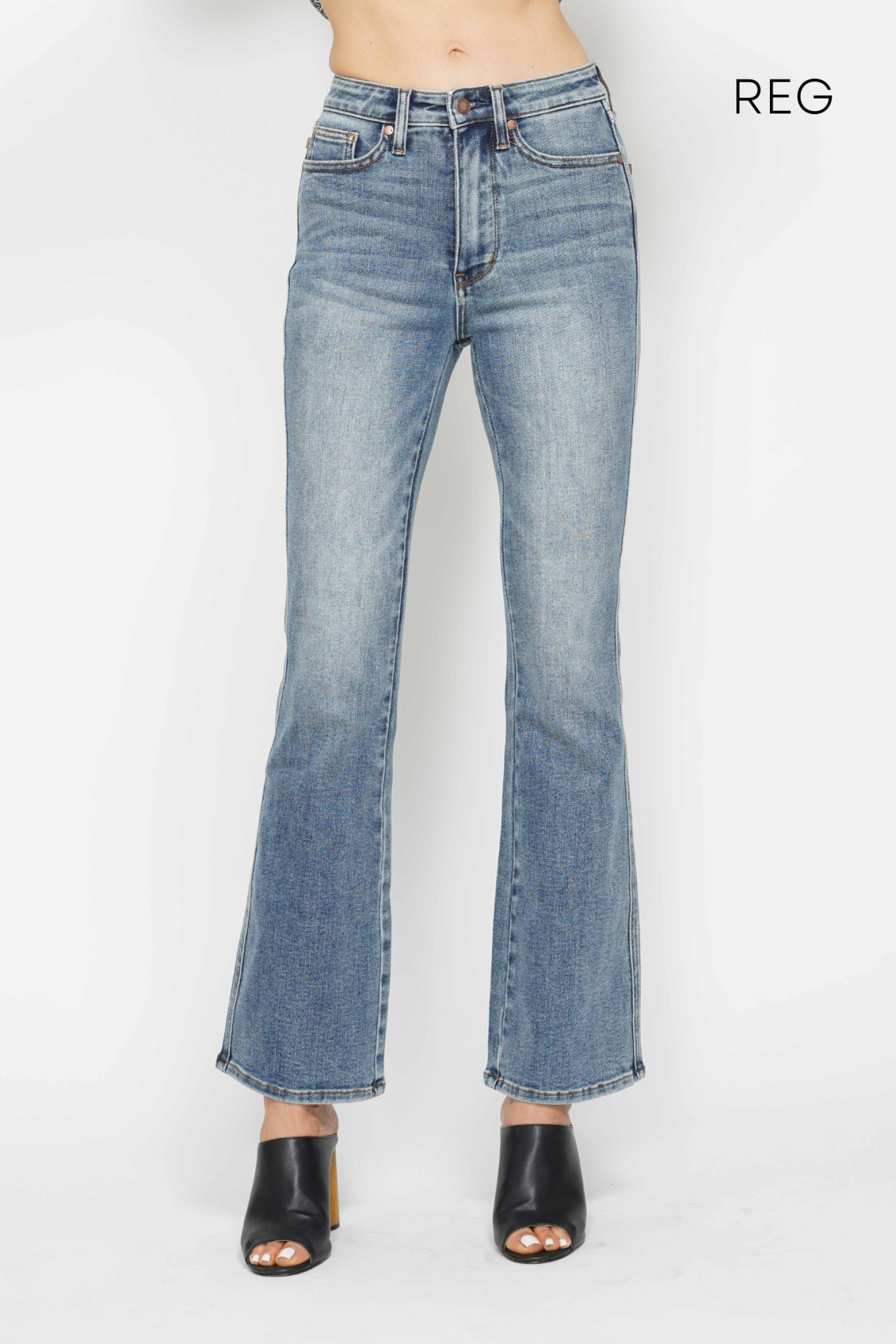 *SHORT INSEAM* HIGH WAIST TUMMY CONTROL MEDIUM WASH BACK POCKET EMBROIDERY BOOTCUT JUDY BLUE DENIM
