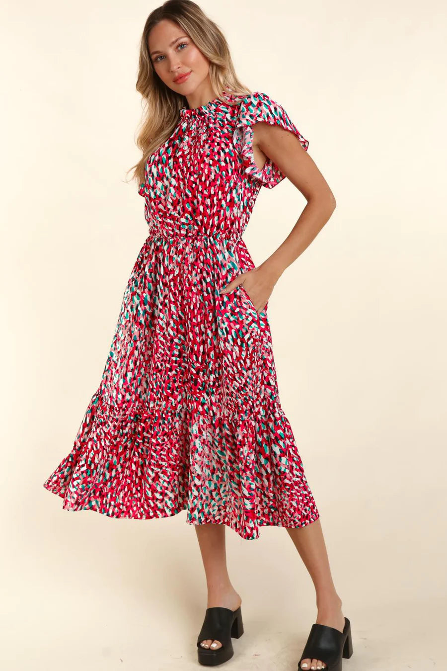 FUCHSIA TEAL MOCK NECK BACK BUTTON SIDE POCKETED MIDI DRESS