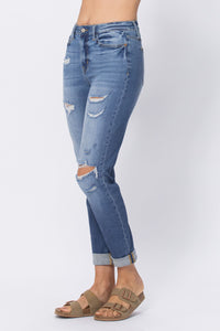 LIGHT WASH HIGH WAIST CUFFED BOYFRIED WITH DESTROY JUDY BLUE DENIM