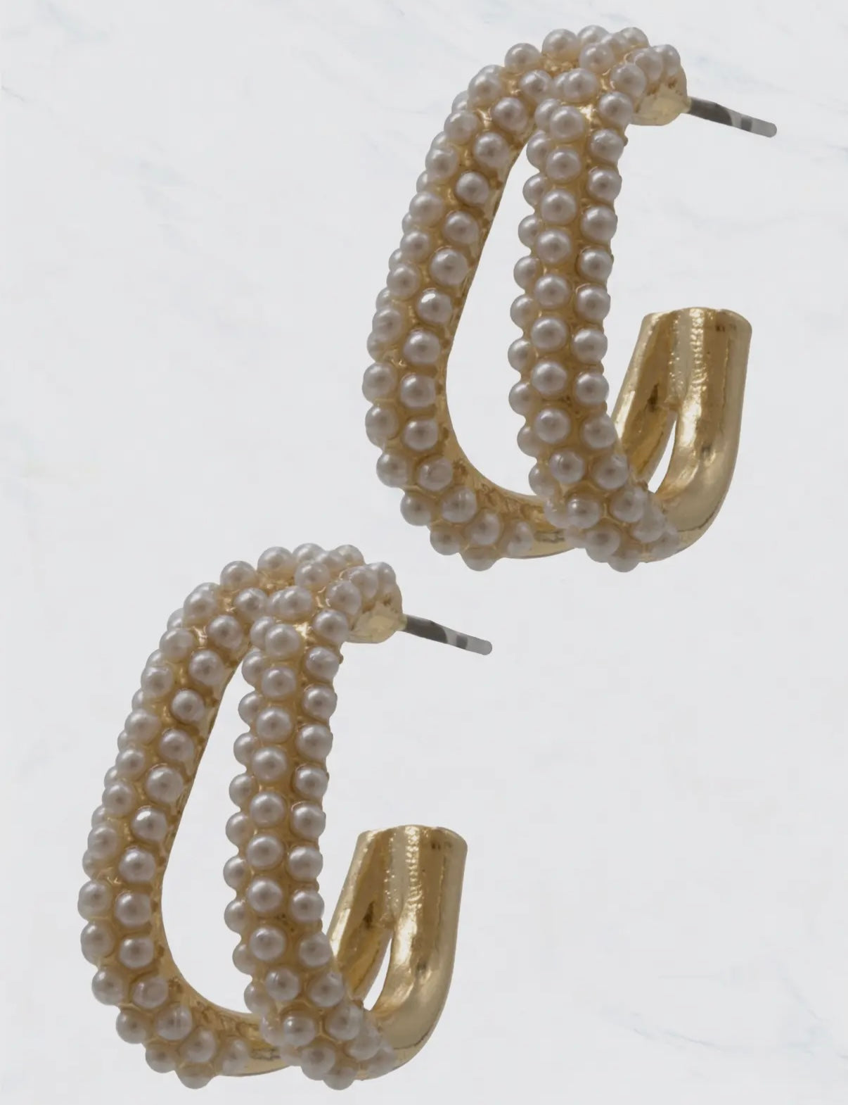 GOLD DOUBLE OVAL SHAPE PEARL PAVED EARRINGS