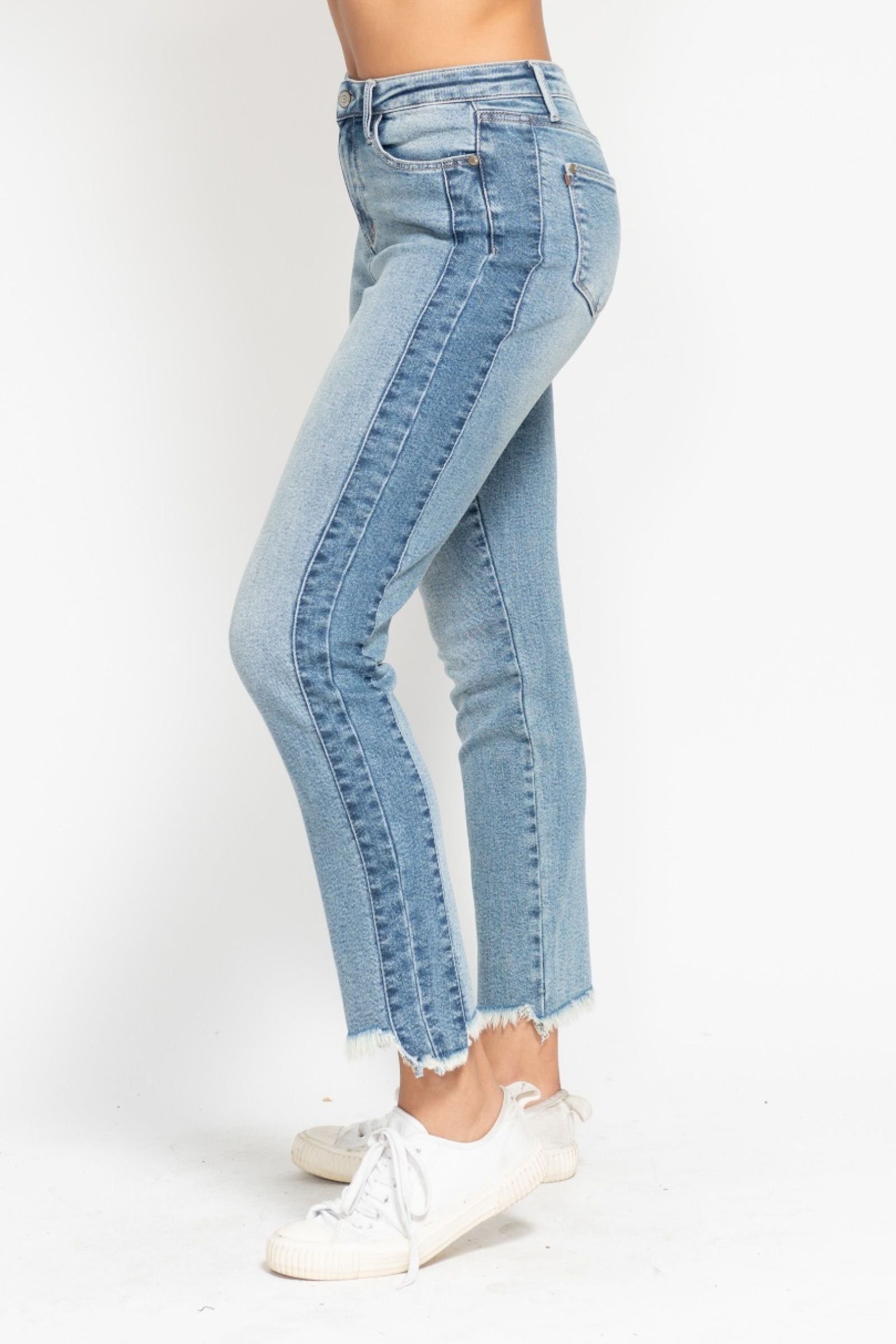 MEDIUM WASH HIGH WAIST VINTAGE WASH SIDE PANEL DETAIL & HI LOW FRAYED HEM SLIM FIT JUDY BLUE DENIM